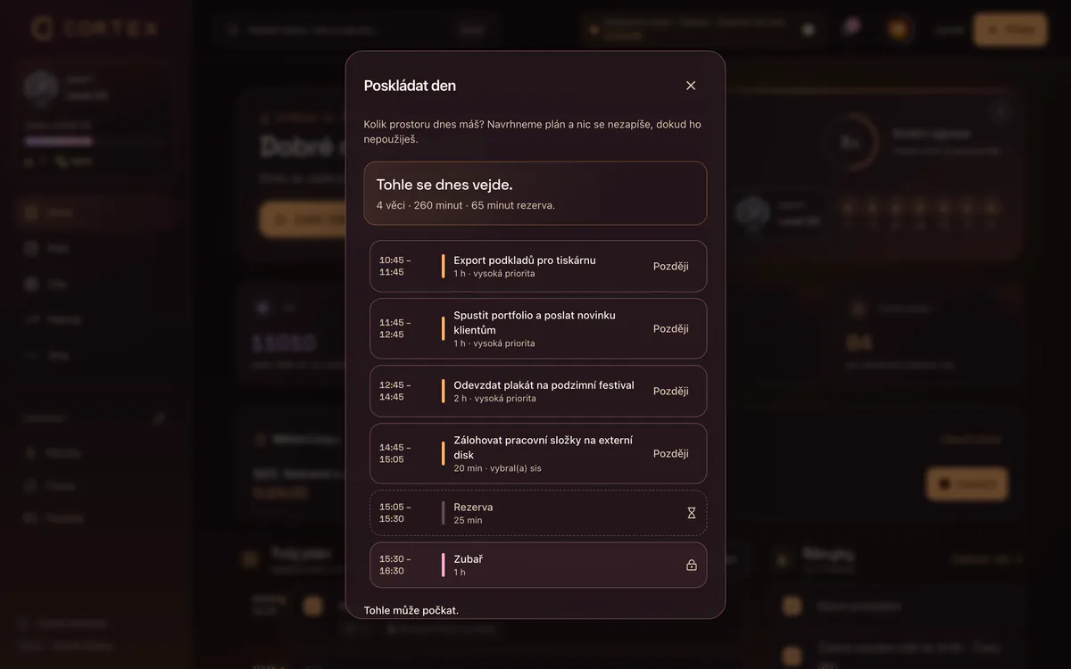 Automatický time blocking v CORTEXu – návrh dne s rezervou